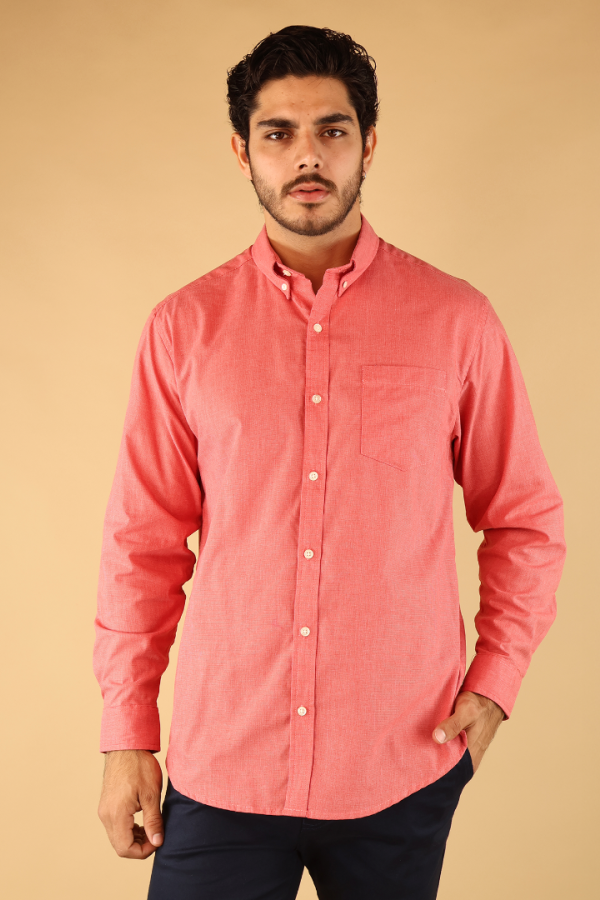 Camisas Manga Larga Color Salmón Corte Regular De Algodón Hombre